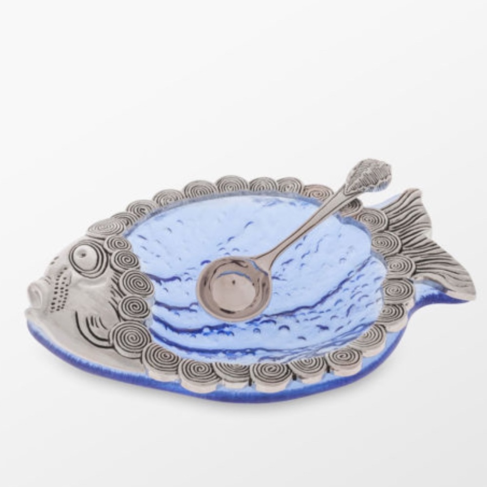 New Mud Pie Glass Metal Fish Dish Serving Bowl Snack Dip Spoon Gift Set Blue
